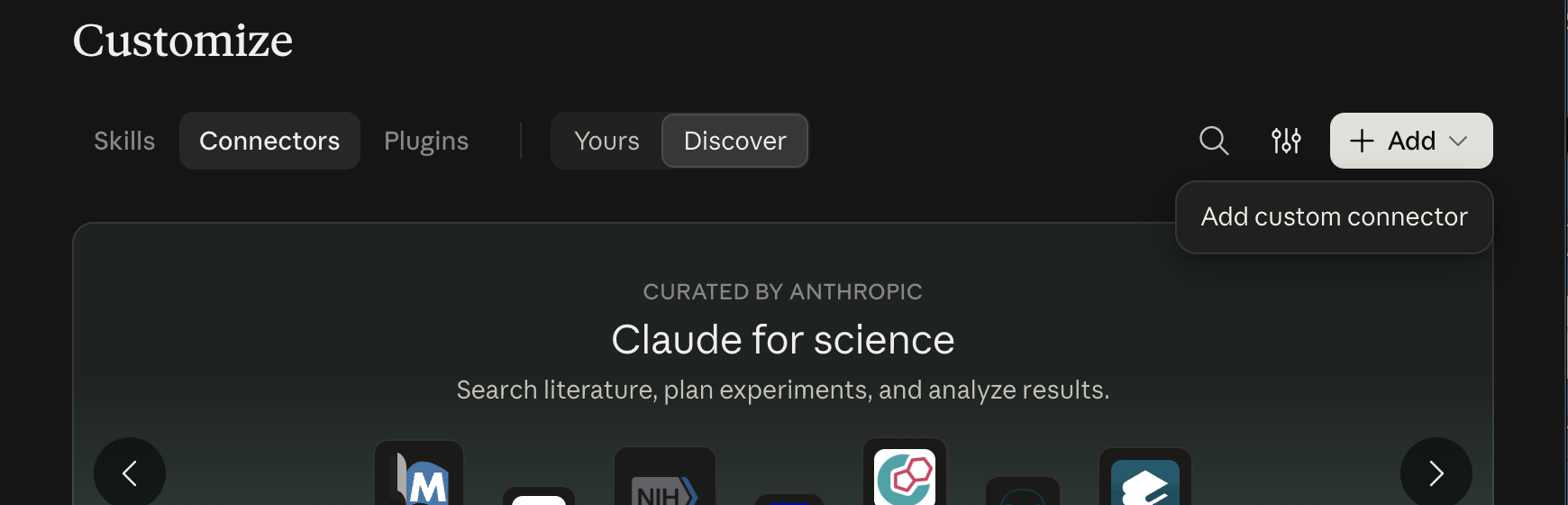 The Claude app on a Mac: Customize, the Connectors tab, and the Add menu at the top right open on Add custom connector