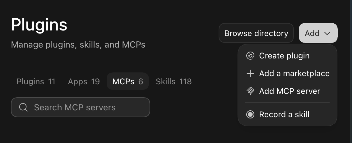 The Plugins page in the ChatGPT app on the MCPs tab, with the Add menu open on Add MCP server