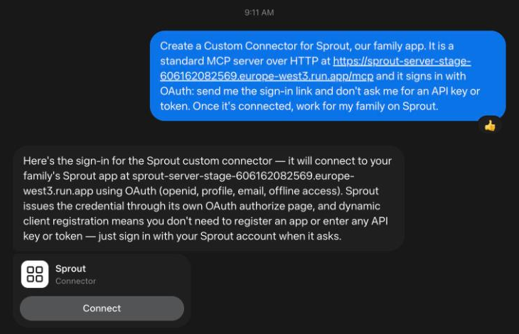 A Muse chat: the request to create a Custom Connector for Sprout, Muse’s reply that it will connect with OAuth and needs no API key or token, and a Sprout connector card with a Connect button