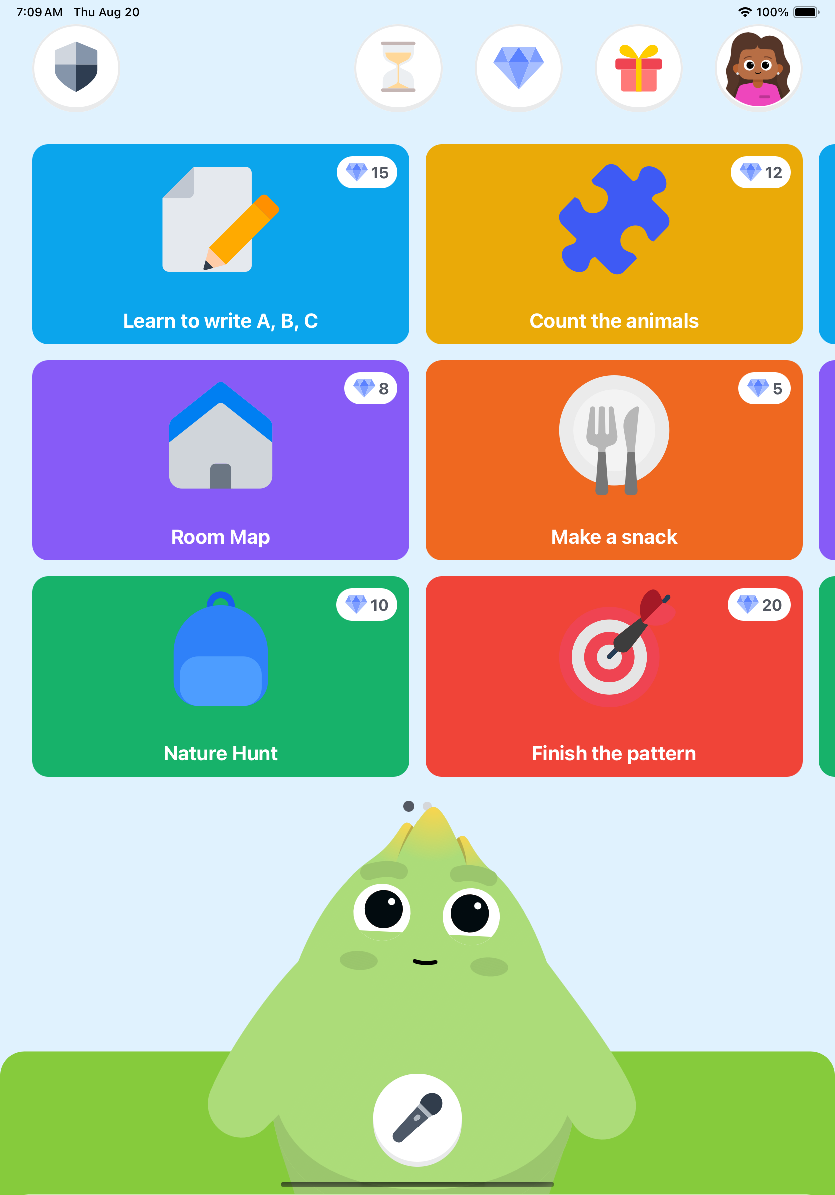 Sprout kid app home with the assigned activities